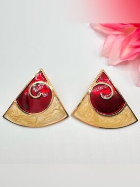 Vintage Monet Egyptian Revival Earrings Jelly Red Cream Swirl Enamel Big Signed